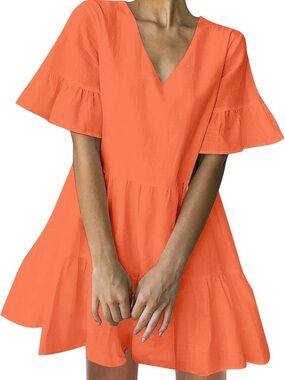 Bright Orange Tiered V-Neck Mini Dress